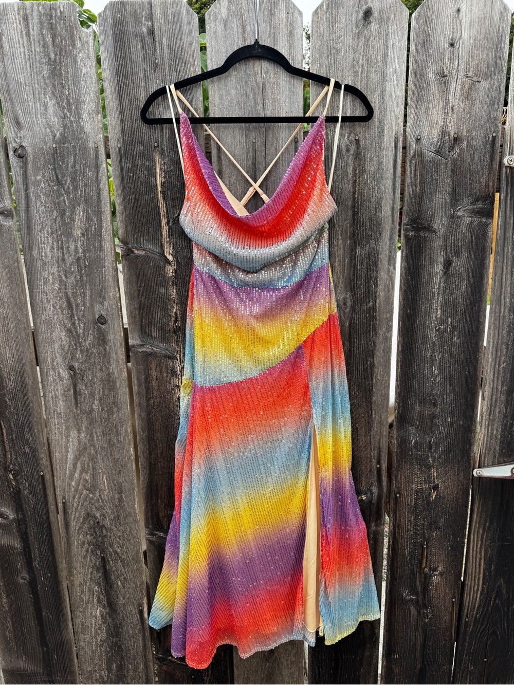 Rainbow Sequin Cowl Neck Maxi Dress Adjustable Strap Back Wedding Guest Party